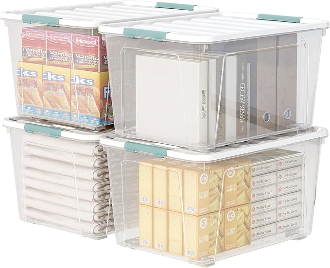 85-Quart Wheeled Latching Storage Box, Clear Stackable Organizer Box, Plastic Storage Bin Container with Latching Lids for Home Garage Organization (4 Pack)