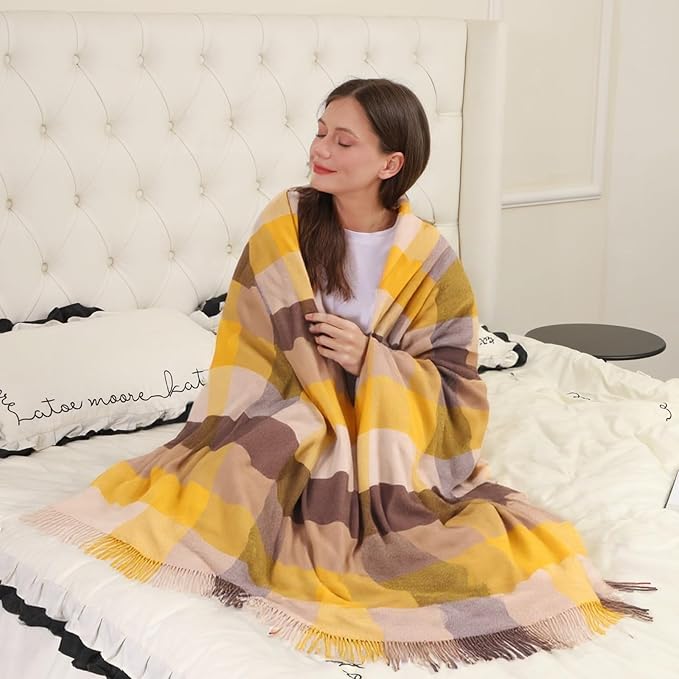 Yellow Gingham Throw Blanket for Couch,100% Wool Throw Blanket for Home Decor, Soft Lightweight Cozy All Season Decorative Vintage Blankets for Travel,Bed, Sofa, Chair, Outdoor 55'' x 83''/2LBS