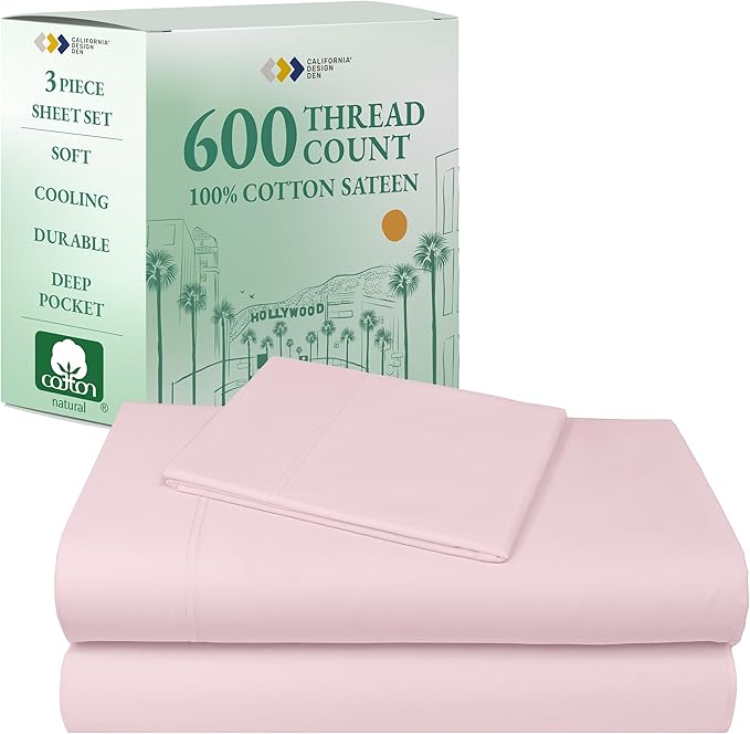 California Design Den 5-Star Hotel-Quality Twin Bed Sheets Cotton, 100% Cotton Sheet Set - 600 Thread Count Sateen with Deep Pockets (Blush Pink)