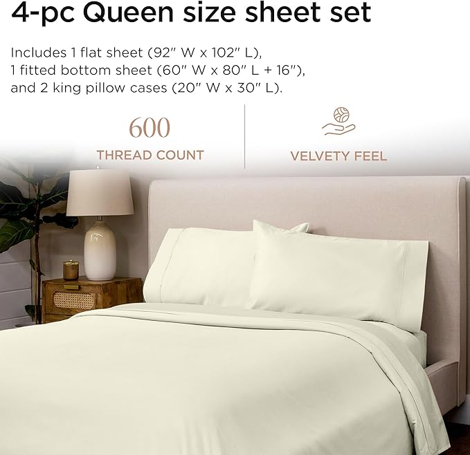 Threadmill 100% Cotton Sheets for Queen Size Bed - 600 Thread Count Queen Bed Sheets Set with 16” Deep Pocket - Sateen Weave 4-Piece Bedding Set with Cooling Effect, Ivory