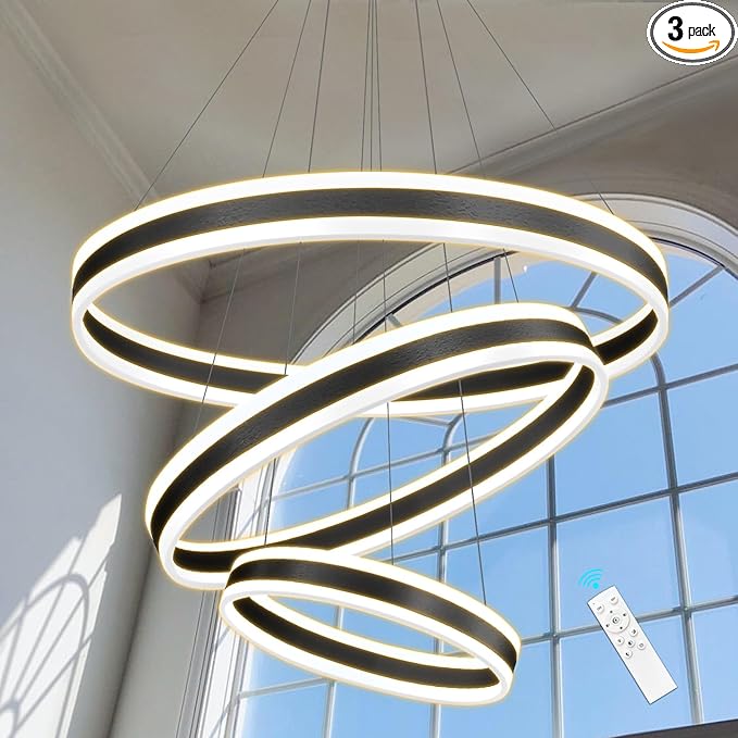 D23.6'' Modern LED Dimmable Chandeliers for Dining Room 3-Rings High Ceiling Chandelier for Living Room Adjustable Pendant Light Flush Mount Light Fixture for Foyer Entryway Bedroom 3000K-6000K
