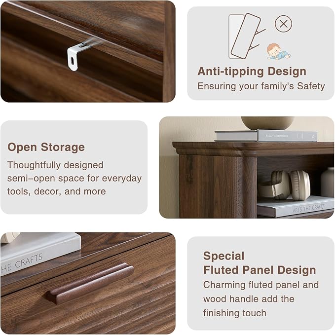 Okvnbjk Fluted Narrow Shoe Cabinet with 2 Flip Drawers, Shoe Storage Cabinet with Open Storage & Curved Profile Design, Wood Shoes Rack for Entryway, Hallway, Dark Walnut