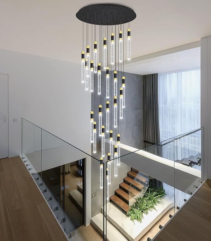 Modern 14.5ft LED Chandeliers for Living Room, Dining Room, Entryway - Dimmable Crystal Cylinder Pendant Lights