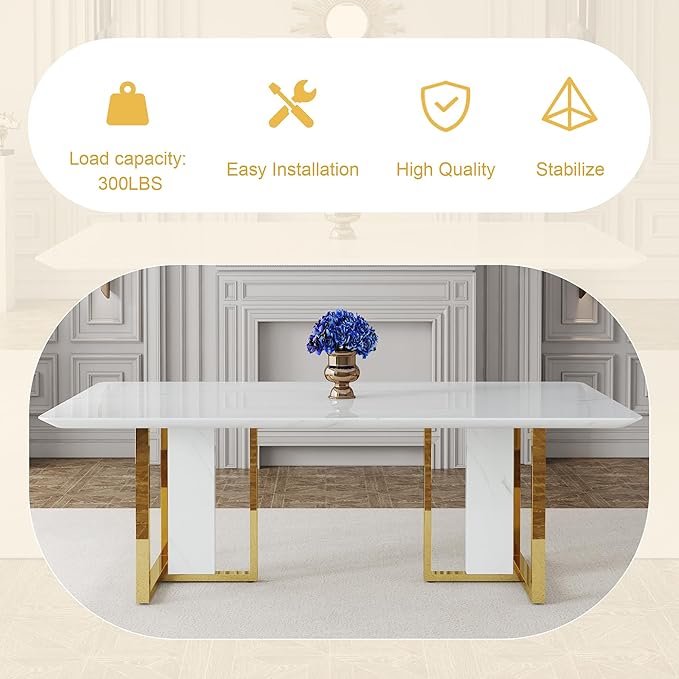 79-inch Modern Dining Table Set for 8 with 1.8 Inch Faux Marble Table Top & 8 PU Leather Chairs, White Luxury Kitchen and Dining Room Furniture Set