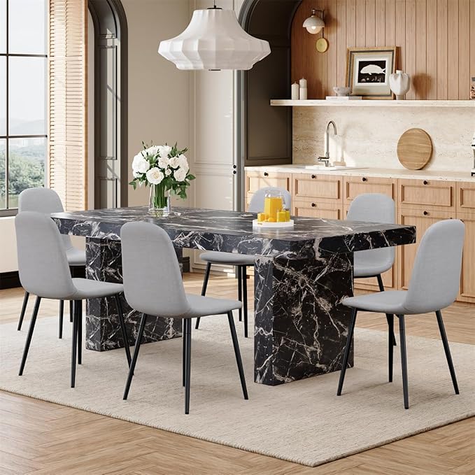 Faux Marble Dining Table Set for 6 (79 Inches Oversized Dining Room Table Set) (3.5'' Thick TOP) ('H' Sturdy Base) Kitchen Table and Ergonomic Dining Chair 6 for Dining Room Living Room, Black