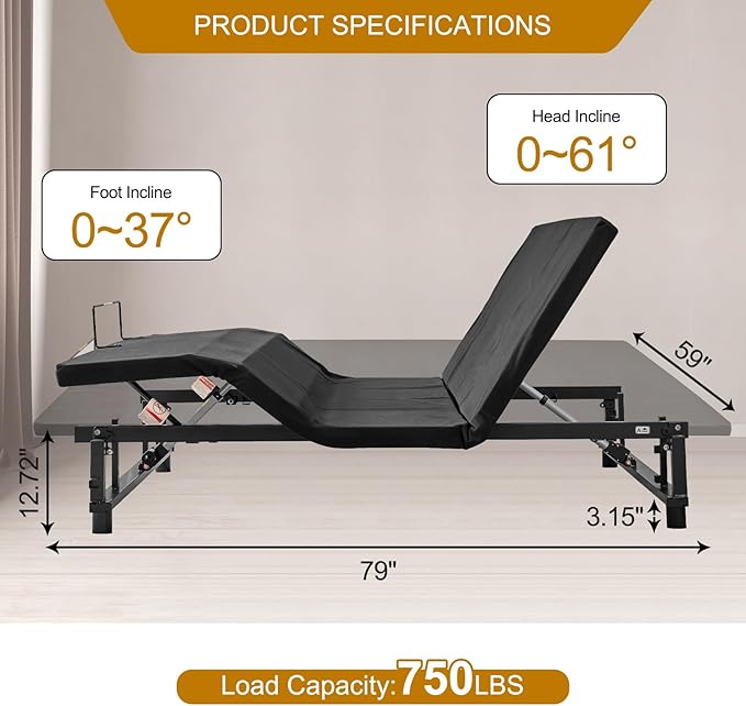 Queen Size Adjustable Bed Frame with Wireless Remote, Ergonomic Electric Adjustable Bed Base with Quiet Motor, USB Ports&Underbed Nightlight, Head and Foot Incline, Zero Gravity Bed, Easy Assembly