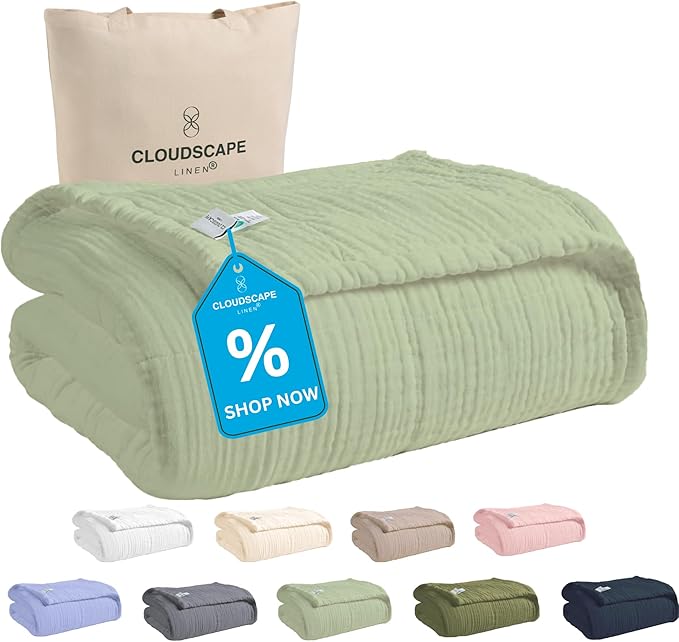 Cloud Scape Linen 100% 8 Layer Cotton Muslin Blanket King Size for Adult, Lightweight & Breathable, All Season Oversized Blanket for Bed, fits California King, 92x108, Seafoam Green