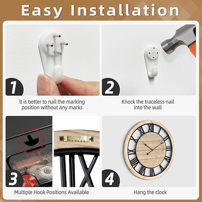 LEIKE 20 Inch Large Wall Clock - Rustic Wooden Silent Non-Ticking Wall Clock with Black Metal Frame, Vintage Farmhouse Decorative for Living Room, Bedroom, Kitchen - Roman Numerals, Modern Design