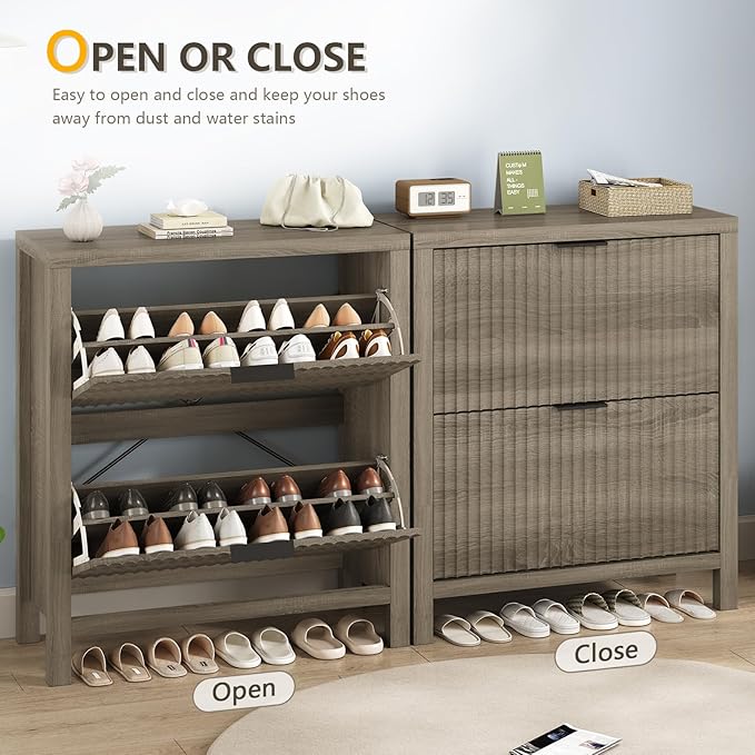 Shoe Cabinet Storage for Entryway, Fluted Shoe Cabinet with 2 Flip Drawers, Hidden Shoe Rack Tall Freestanding Shoe Organizer with Legs for Hallway, Gray