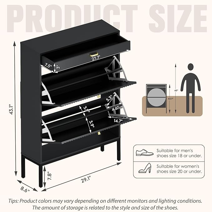 Brafab Shoe Rack Storage Organizer, Shoe Storage Cabinet with 2 Flip Drawers&1 Small Drawer, Slim Entryway Shoe Organizer with Fluted Panel Doors,Dark Black