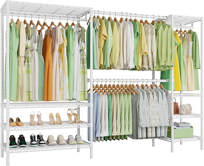 Ulif E11 Heavy-Duty Garment Rack, Metal Freestanding Clothes Rack and Closet Storage Organizer with 8 Shelves and 4 Hanger Rods, (73.2 - 97.6)"W x 14.5"D x 71.2"H, Load 1034 LBS, White