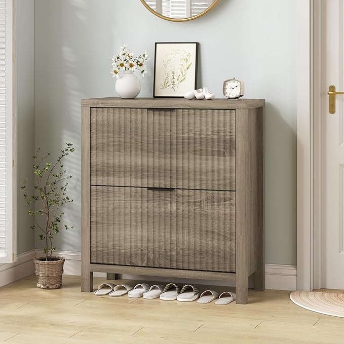 Shoe Cabinet Storage for Entryway, Fluted Shoe Cabinet with 2 Flip Drawers, Hidden Shoe Rack Tall Freestanding Shoe Organizer with Legs for Hallway, Gray