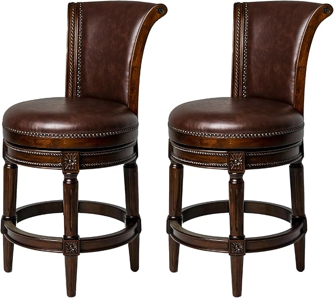 Maven Lane Pullman Counter Stool 26 Inches – Set of 2 – Swivel Stools with Footrest – Dark Brown Solid Wood Frame & Brown Faux Leather Upholstery – Perfect for Kitchen Islands & Counters
