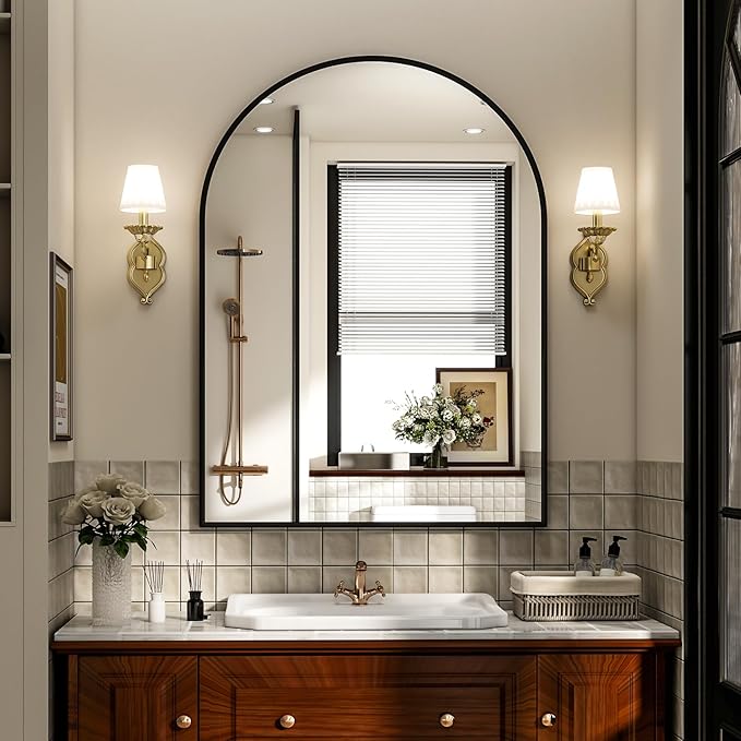 Arch Bathroom Mirror, 20x30 inch Arched Bathroom Mirror/Wall Mounted Vanity Mirror - Arch Metal Frame Wall Mirror for Bathroom Bedroom Living Room, Black