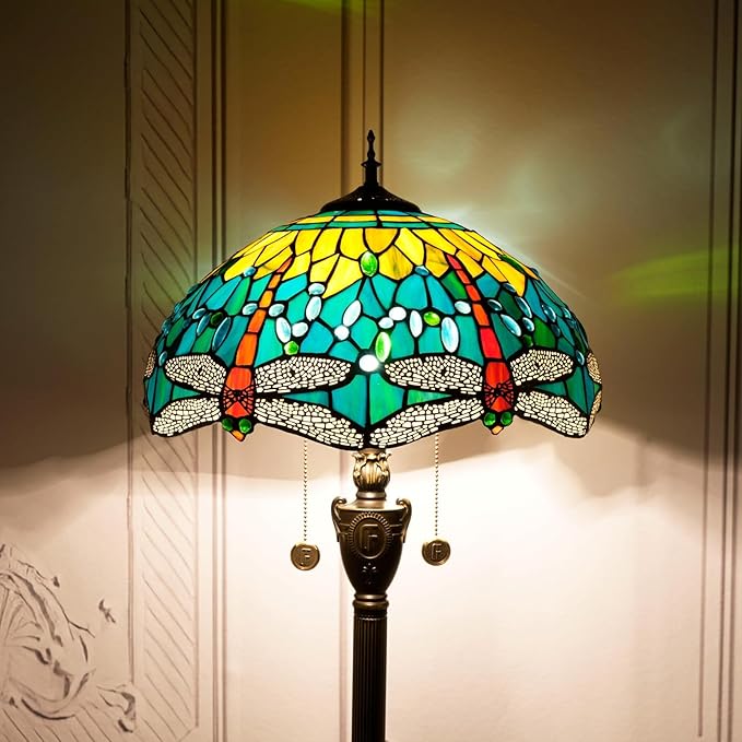 Tiffany Floor lamp Stained Glass Lamps for Living Room Bedroom Office Rustic Corner Standing Tall Vintage Light Kids Unique Pulling Chain Green Dragonfly Style Lighting