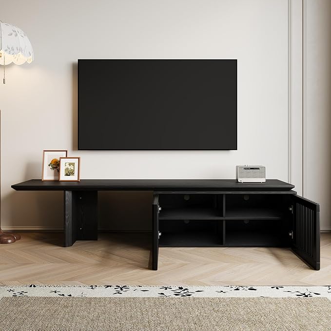 Modern TV Stand, Entertainment Center with Storage, Extendable TV Media Console for Up to 55+ Inch, Minimalist Television Cabinet for Living Room/Bedroom - Black (78.7"-110" Extendable)