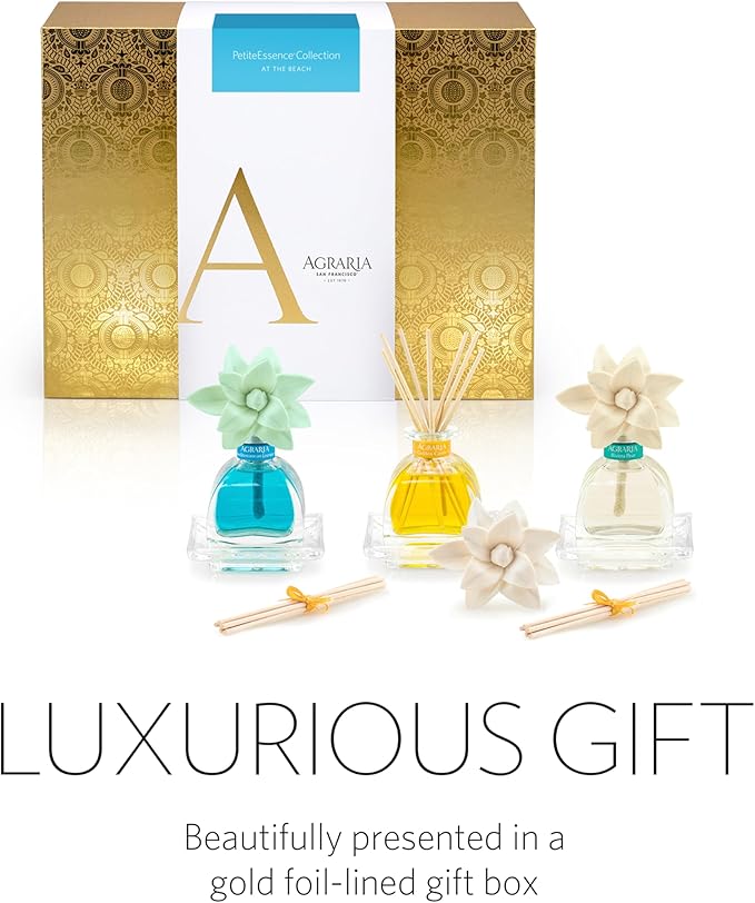AGRARIA at The Beach PetiteEssence Collection, Handmade Sola Flower Reed Diffuser Set of 3, Luxury Home Fragrance Scented Oil Diffuser Gift Set