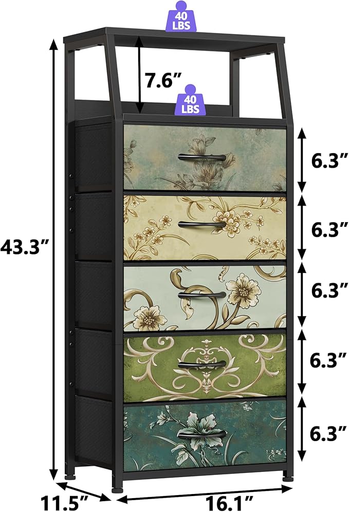 Furnulem Retro 5 Drawers Dresser, Tall Dressers for Bedroom, Closet, Hallway, Nursery, Fabric Storage Tower Organizer, Vertical Nightstand Side Table Furniture, Steel Frame, Wood Top