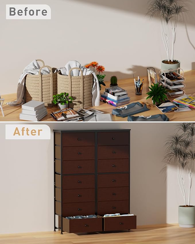 Tall Fabric Dresser for Bedroom, Vertical Storage Organizer Tower with 7 Drawers, Chest of Drawers with Bins, Steel Frame, Wood Top for Bedroom, Closet, Entryway Grey