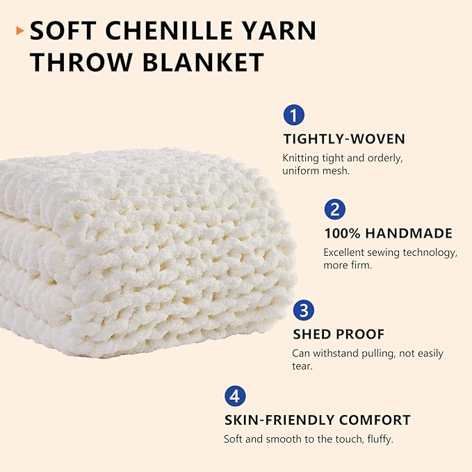 L'AGRATY Chunky Knit Blanket Throw: Soft Chenille Yarn Throw Blanket 60x80 - Handmade Thick Cable Crochet Blanket - Large Chunky Rope Throw Blanket for Couch Sofa Bed Home Decor(Cream White)