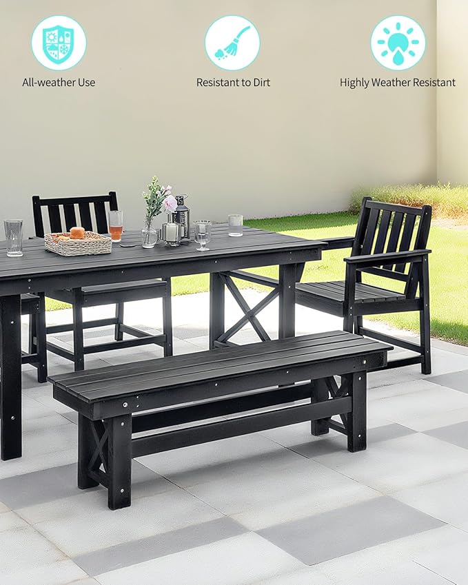 QUASCO Outdoor Dining Set for 6, HDPE Patio Dining Furniture Set with Umbrella Hole Table and 4 Chairs and 1 Bench, All Weather Outdoor Outdoor Dining Bench Sets for Garden, Lawn, Black