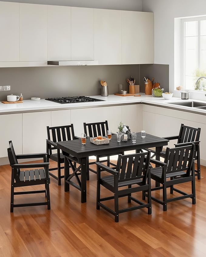 QUASCO 7-Piece Patio Dining Table Sets, Outdoor HDPE Dining Furniture Set with Umbrella Hole Table and 6 Chairs for Poolside, Porch, Yard and Garden, Black