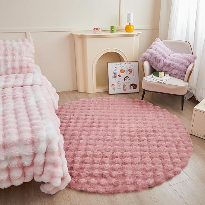 Pink Round Rabbit Plush Rug for Bedroom Living Room Sofa,5'X5' Faux Fur Fluffy Shaggy Circle for Kids Teen Girls,Furry Carpet Circular for Nursery Baby