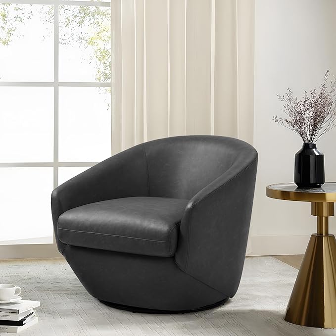 Swivel Barrel Accent Chair, Modern Round Faux Leather Arm Chair for Living Room, Bedroom, Comfy Club Reading Chairs for Adults(Faux Leather, Black, Set of 2)