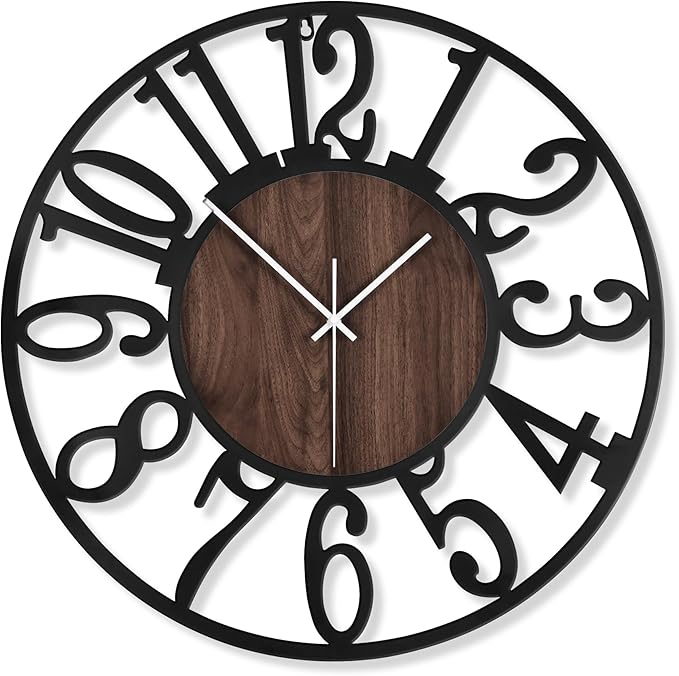 LEIKE Large Wall Clocks,Silent,Non Ticking,Battery Operated Small Vintage Round Modern Wood Wall Clock for Living Room, Bedroom,Kitchen,Farmhouse,Office Decor-13.5 Inch(Black-Arabic Number)