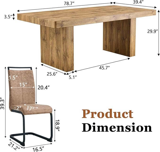 Dining Room Table Set for 6, 79" Wood Dining Table Sets and 6 Chairs, Farmhouse Kitchen Table with 3.5" Thick Top and Heavy Duty Legs,Easy Assembly,Ideal for Dining Room,Brown