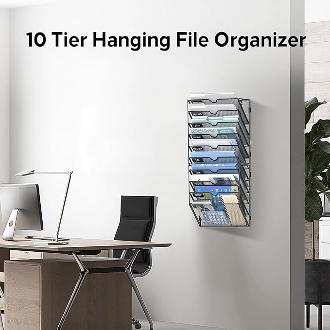 10 Tier Wall File Organizer Office Hanging Mail Holder Wall Mounted, Mesh Paper Document Organizer for Office Home School, Black