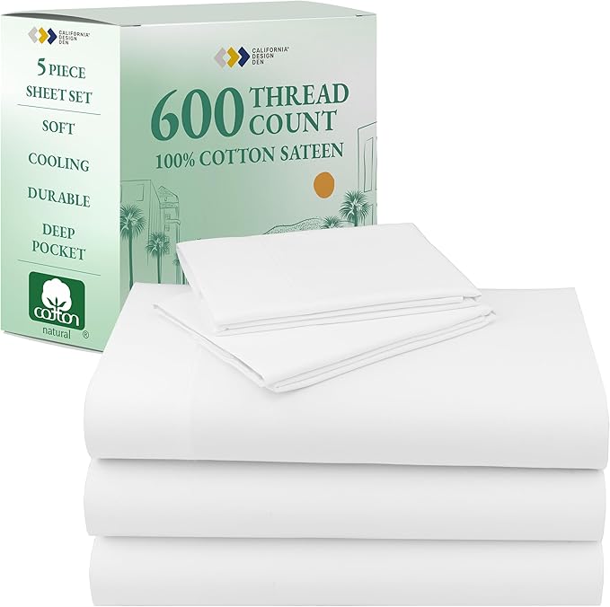 California Design Den Split King Sheet Set - 100% Cotton, 600 Thread Count, Breathable Luxury King Size Sheets for Adjustable Bed, Luxury Soft Hotel-Quality, Sateen Weave - Bright White