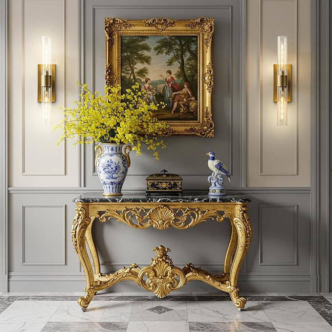 Brass Wall Sconce Light, 2-Light Bathroom Vanity Light Over Mirror, 22.8" Gold Dimmable Indoor Wall Sconce with Glass Tube, Horizontal or Vertical Linear Wall Lighting for Living Room