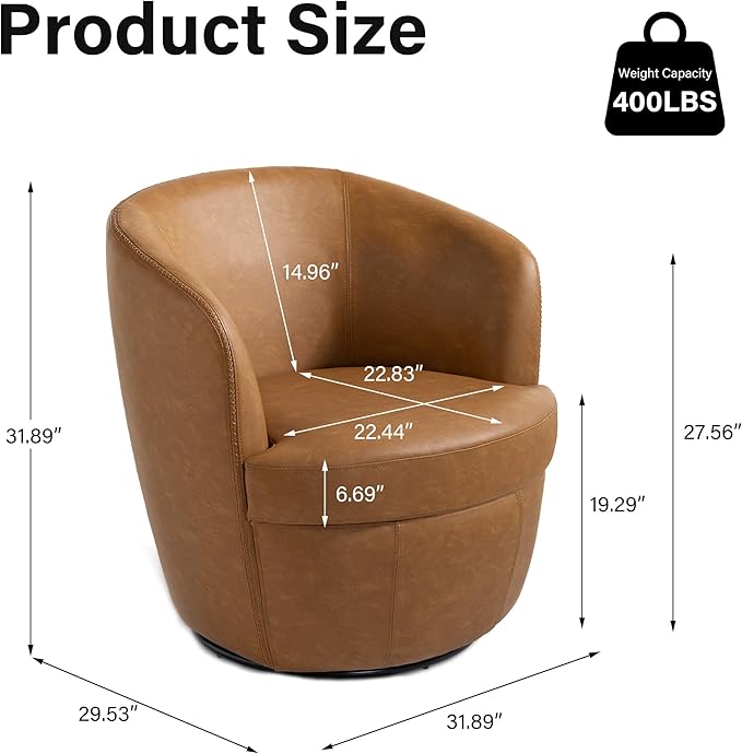 Swivel Barrel Chair, Modern Round PU Leather Accent Armchair for Living Room, Bedroom, Comfy Club Reading Chairs for Adults (Leather Light Brown, Set of 1)