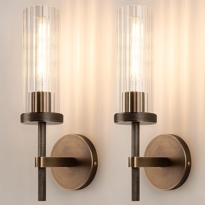 15" Knurled Brass Wall Sconces Set of 2, Bronze Bathroom Vanity Light Fixtures with Vertical Striped Glass Tube, Modern Lamp Lighting for Bedroom, Living Room, Hallway, Staircase, Mirror, Kitchen