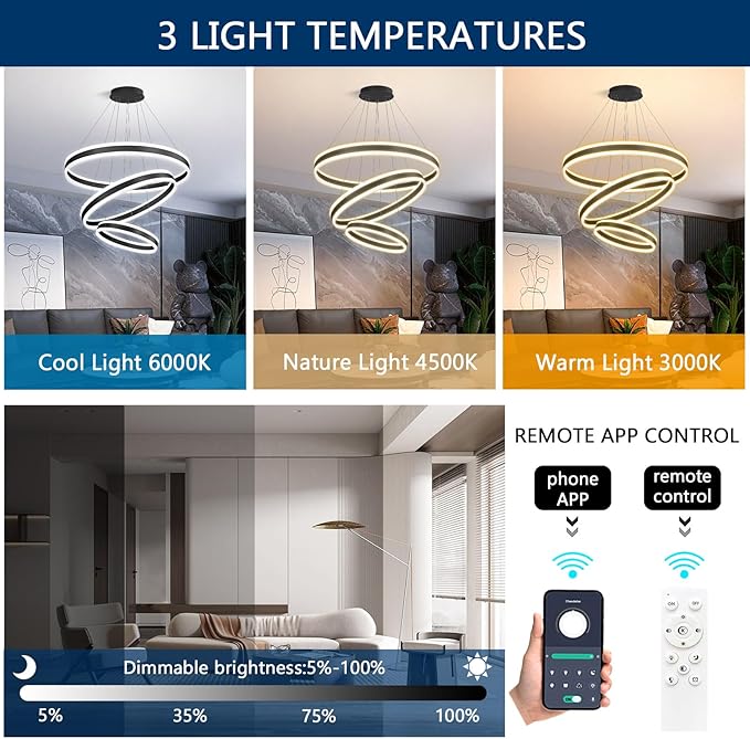 D23.6'' Modern LED Dimmable Chandeliers for Dining Room 3-Rings High Ceiling Chandelier for Living Room Adjustable Pendant Light Flush Mount Light Fixture for Foyer Entryway Bedroom 3000K-6000K