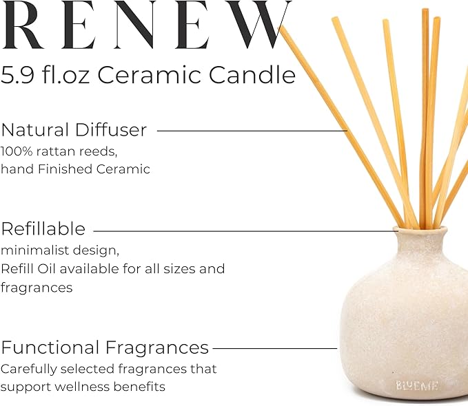 BLUEME Renew-Ivy & Rose, 5.92 Fl Oz Wellness Diffuser, Contains Essential Oil, Sustainable, Hand Finished, Premium, Luxury Ceramic, Natural Rattan Reeds