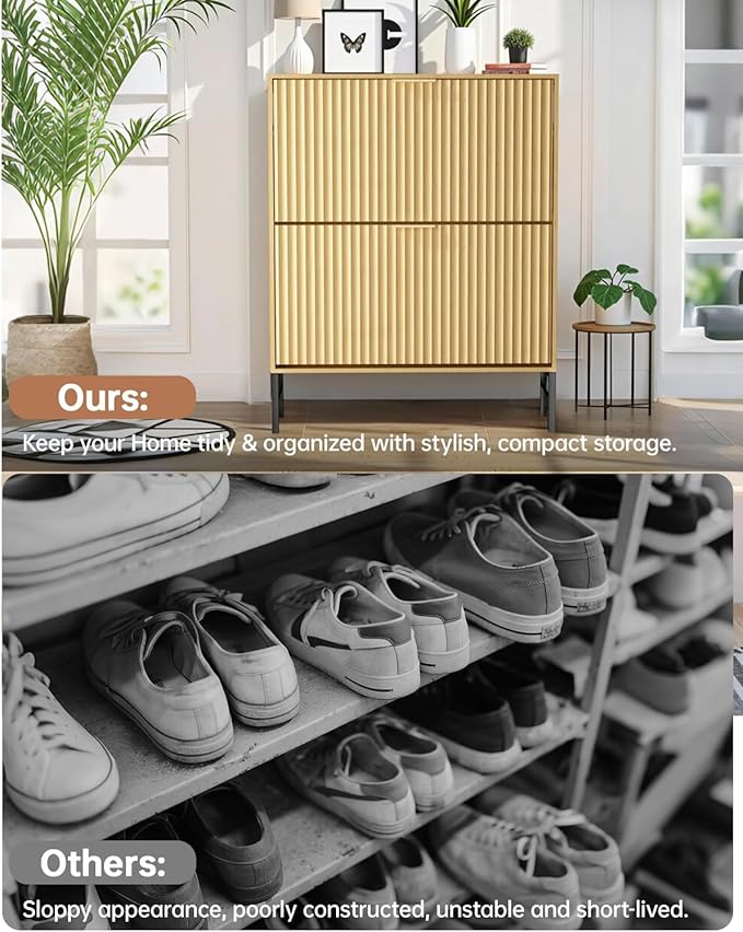 Shoe Cabinet, Fluted Shoe Cabinet Storage for Entryway with 2 Flip Drawers, Hidden Wooden Shoe Organizer with Metal Leg, Mid-Century Modern Narrow Shoe Rack for Hallway, Living Room (Nature)