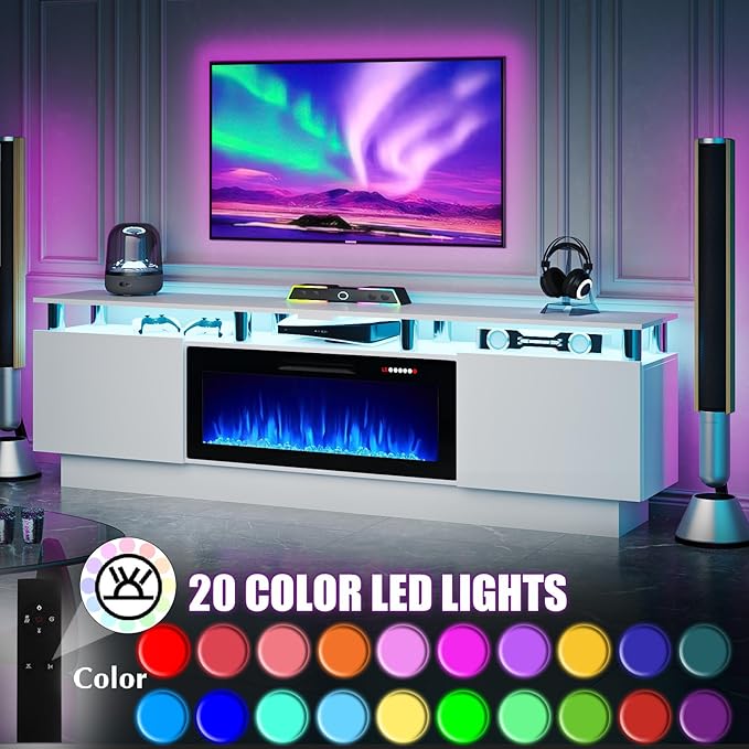 80" Modern Fireplace TV Stand with 36" Electric Fireplace for TVs Up to 90 inch, Luxury LED Light Entertainment Center with High Gloss Cabinet, TV Consoles for Living Room, White