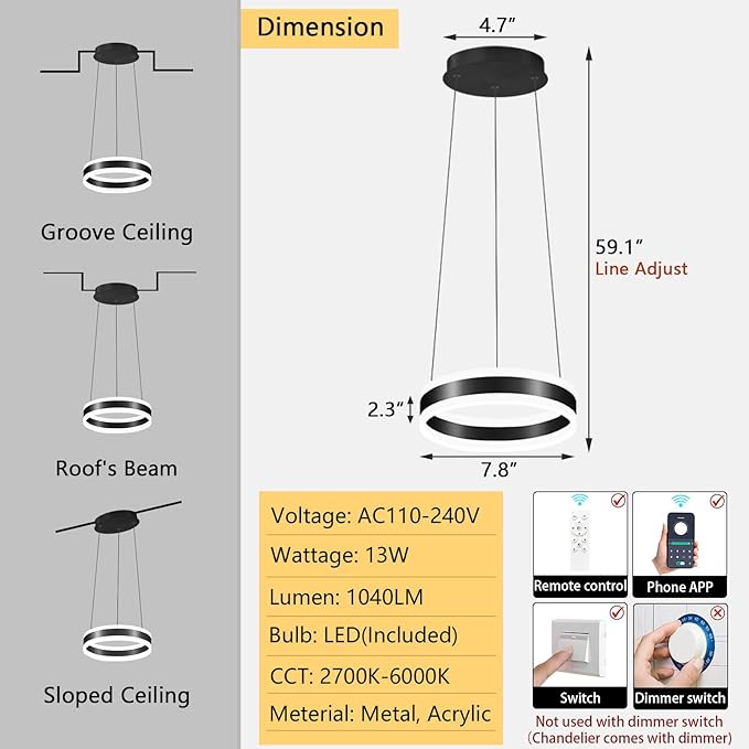 D7.8'' Modern Ring Chandelier for Dining Room LED Dimmable Pendant Lighting High Ceiling Chandelier for Living Room Foyer Bedroom Entryway 3000K-6000K Black