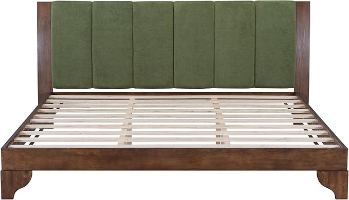 Merax Pine Wood King Bed Frame with Headboard, Mid Century Modern Solid Wood Platform Bed Frame King Size, No Box Spring Needed, Green+Walnut