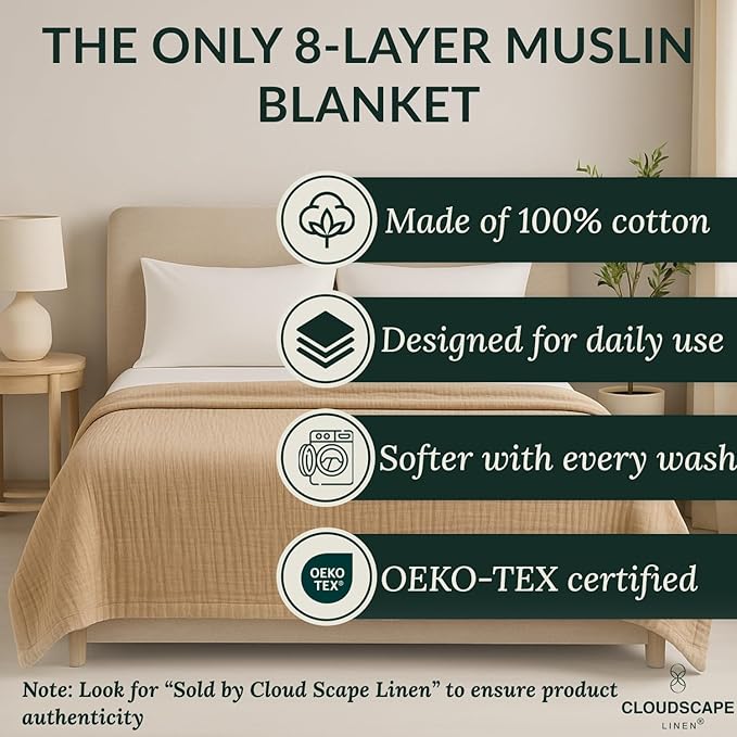 Cloud Scape Linen 100% 8 Layer Cotton Muslin Blanket King Size for Adult, Lightweight & Breathable, All Season Oversized Blanket for Bed, fits California King, 92x108, Fog