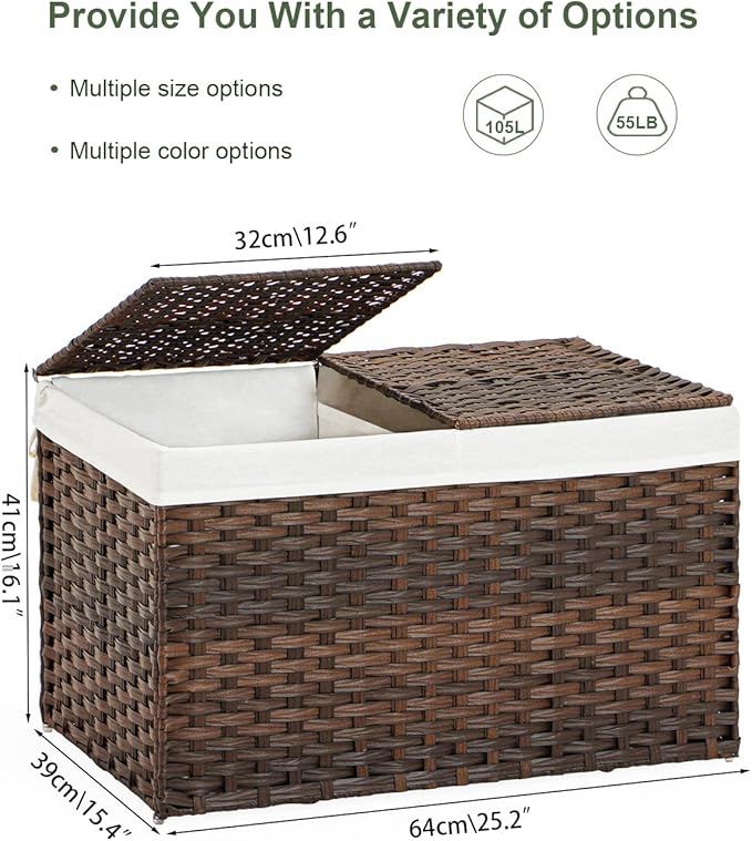 Storage Basket with Lid Rattan Storage Basket with 2 Separate Lid, 27.8 Gallon (105 L) 25.2 * 15.4 * 16.1 Inches Woven Wicker Baskets with 2 Liners and Handles for Bedroom Laundry-Brown