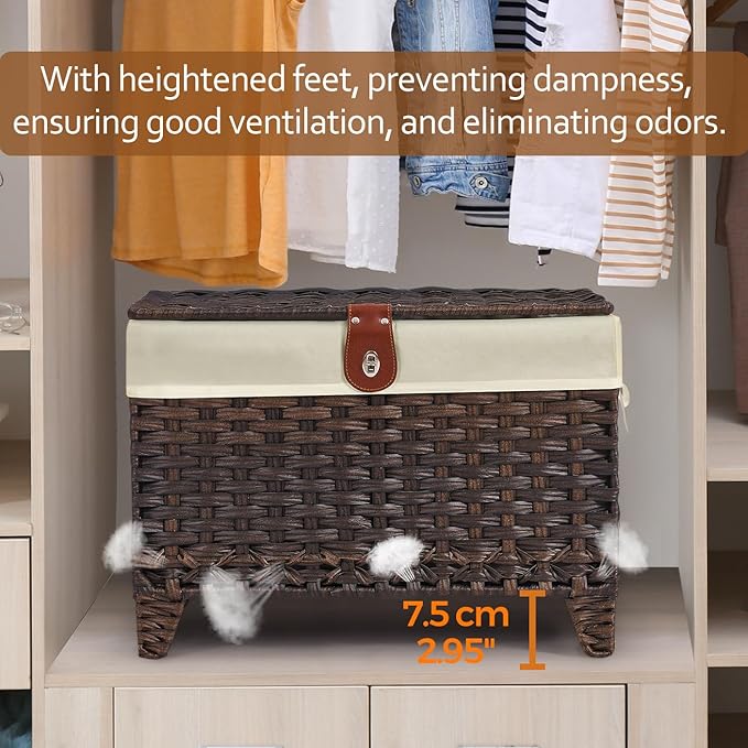 Wicker Storage Basket with Lid,Rattan Shelf Basket with Removable Liner Bag,65L Storage Bin,Storage Trunk with Heightened Feet,Storage Container for Wardrobe,Home Organizer