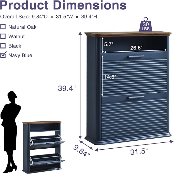 Okvnbjk Fluted Narrow Shoe Cabinet with 4 Flip Drawers, Hidden Shoe Storage Cabinet with Open Storage & Curved Profile Design, Wood Shoes Rack for Entryway, Hallway, Navy Blue