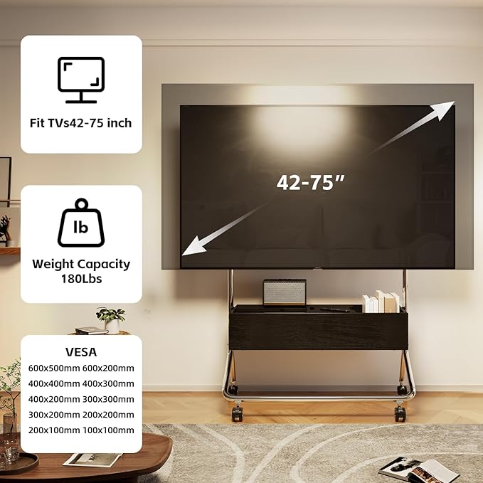 Solid Wood Mobile TV Cart Rolling TV Stand with Wheels for 42-75 Inch LCD LED Flat Curved Screens up to 180 Lbs, Heavy Duty Portable Floor Stainless Steel Mobile TV Stand (Black, 42-75inch)