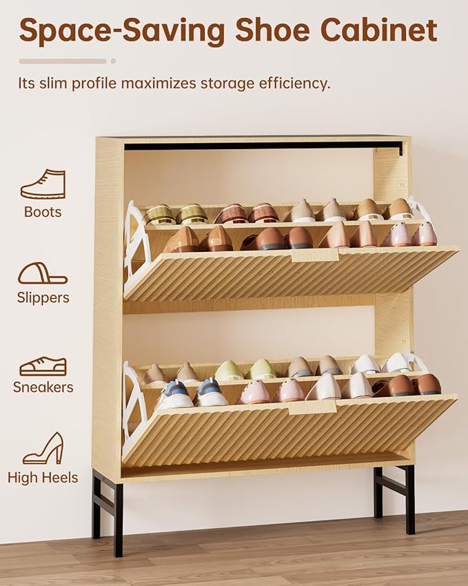 Shoe Cabinet, Fluted Shoe Cabinet Storage for Entryway with 2 Flip Drawers, Hidden Wooden Shoe Organizer with Metal Leg, Mid-Century Modern Narrow Shoe Rack for Hallway, Living Room (Nature)