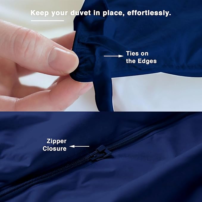 Fabdreams GOTS Certified 100% Organic Cotton Duvet Cover Queen Size - 400 TC Sateen - Soft - Silky - Zipper Closure - Edge Ties - 1 Duvet Cover (90"x92")+2 Pillow Shams (20"x26") - Dark Blue, 3 Piece