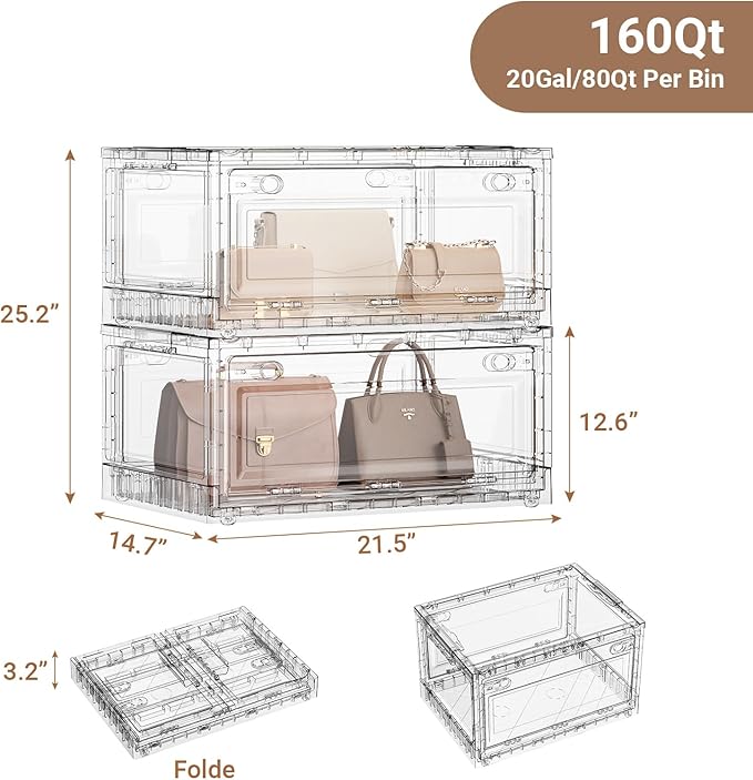 Clear Stackable Storage Bins Drawers, Open Front Large Plastic Storage Bins with Lids, Foldable Closet Organizers and Storage for Wardrobe Cabinets, Pantry, Makeup,2 Pack