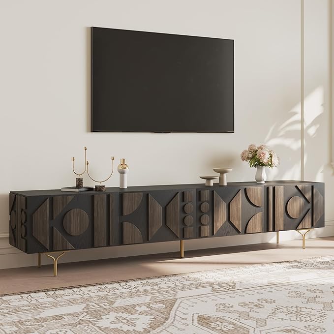 POVISON 94'' Smoky Black Fully Assembled TV Stand with Storage, Mid Century Modern TV Stand, Entertainment Center for Living Room, Wood Media Console TV Cabinet for 85 Inch TV, Metal Legs